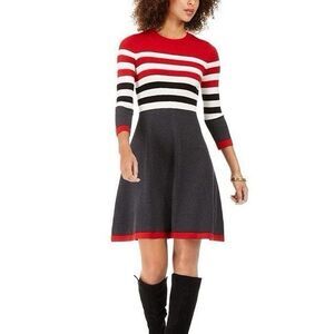 JH Women’s Knit 3/4 Sleeves Pullover Line A Dress Striped Red White Black Medium
